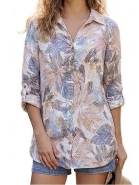 Rosemarine Floral Print Short Sleeve Button Women's Tunic Linen  Size Small NWT
